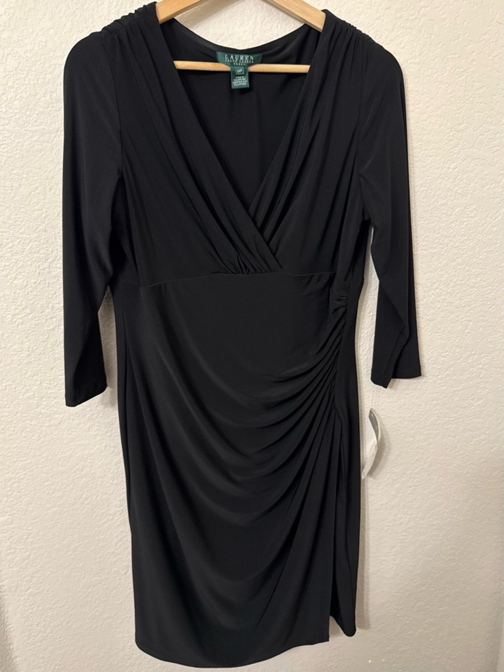 Lauren Ralph Lauren Black Faux-Wrap Ruched Midi Dress